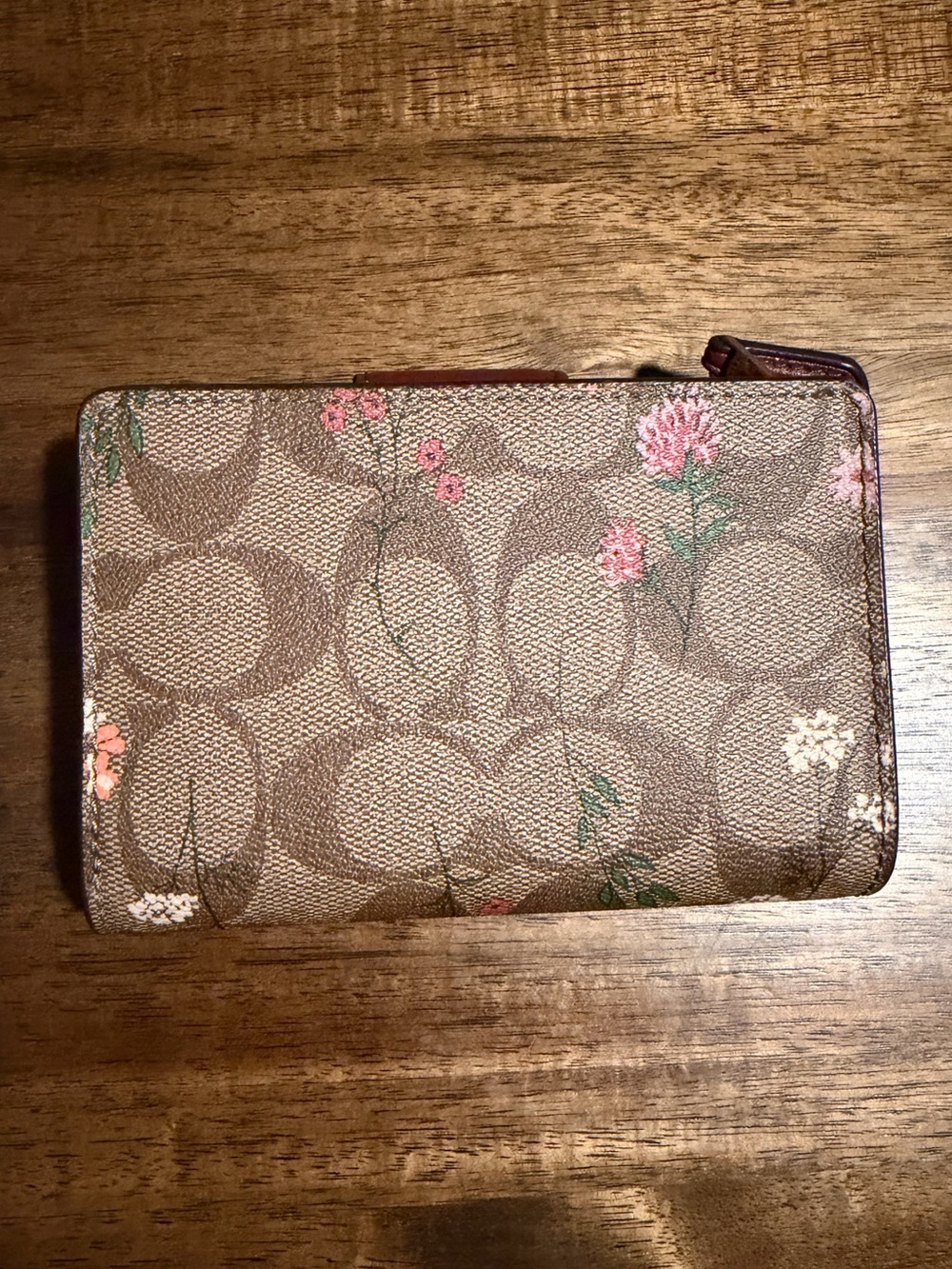 Coach Brown Signature Floral Compact Wallet with Pink and Cream Flowers - Picture 2 of 6